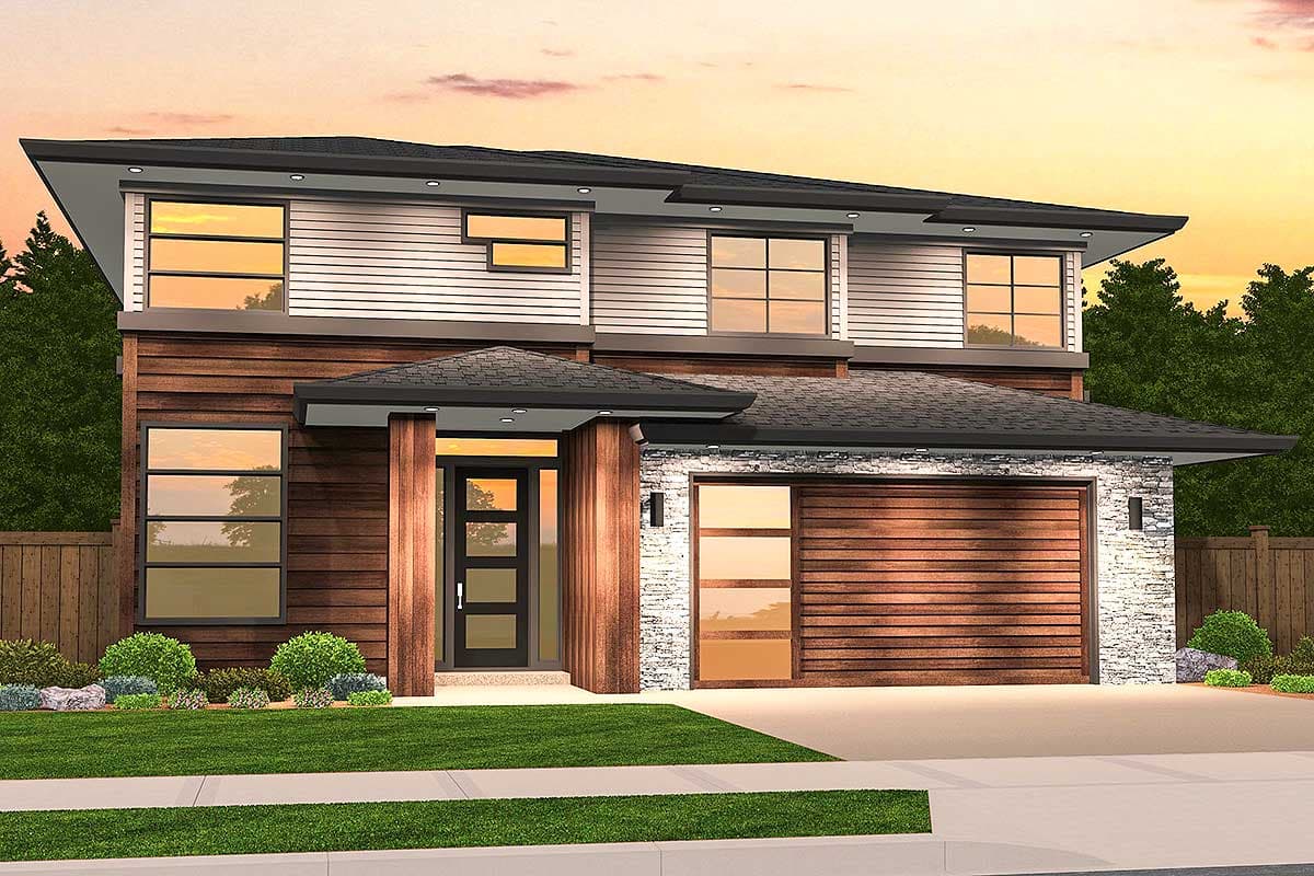 House plan exterior. Two-story Modern house with shed roof, wood siding, stone accents, and an attached garage. Large windows and a covered entry.