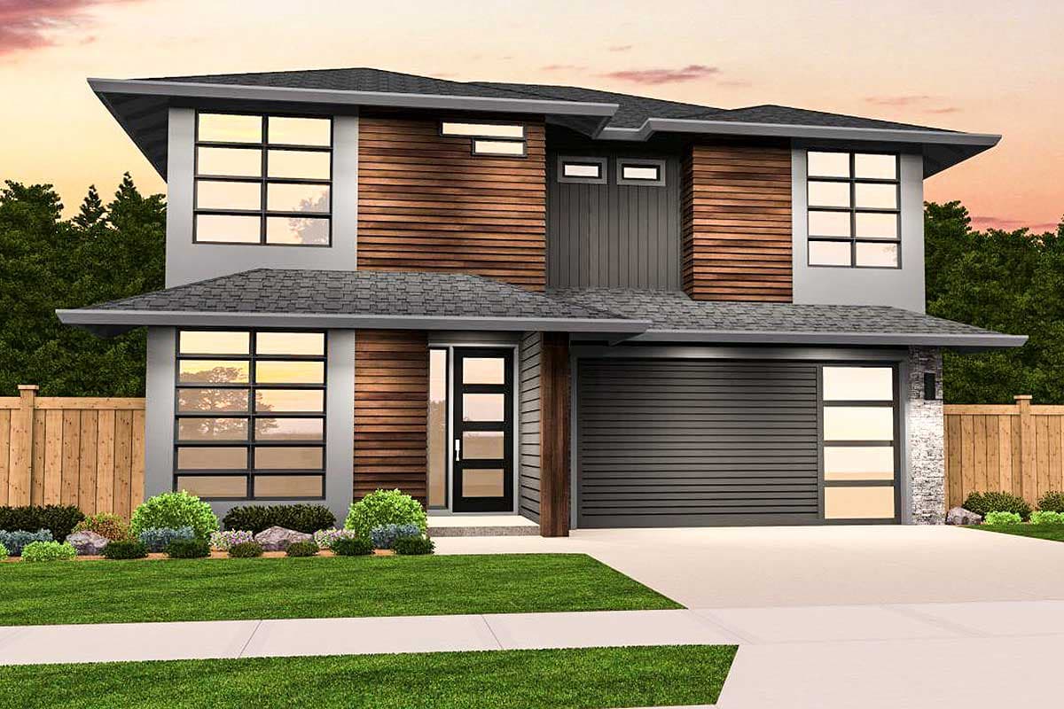 House plan exterior. Two-story modern house with horizontal wood siding, flat roof, and large windows. Attached garage on right side.