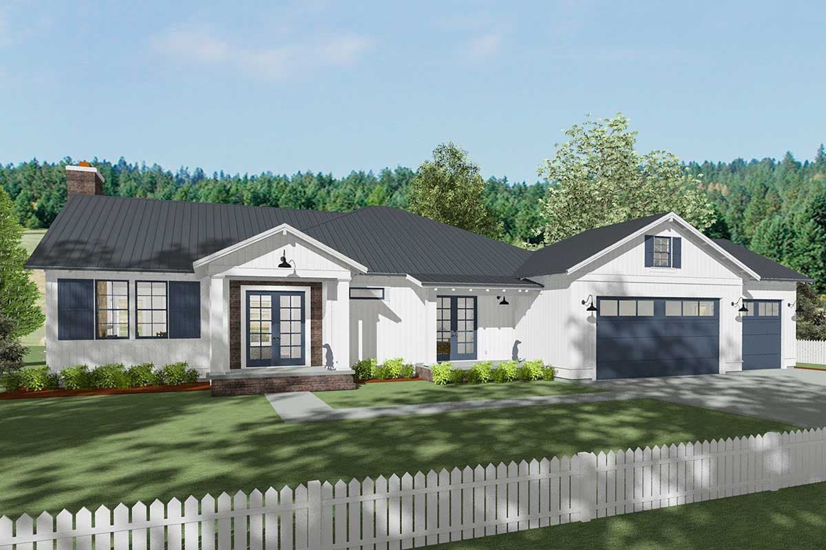House plan exterior featuring a farmhouse style, single story, with gable roof, brick accents, and garage. Includes a picket fence.