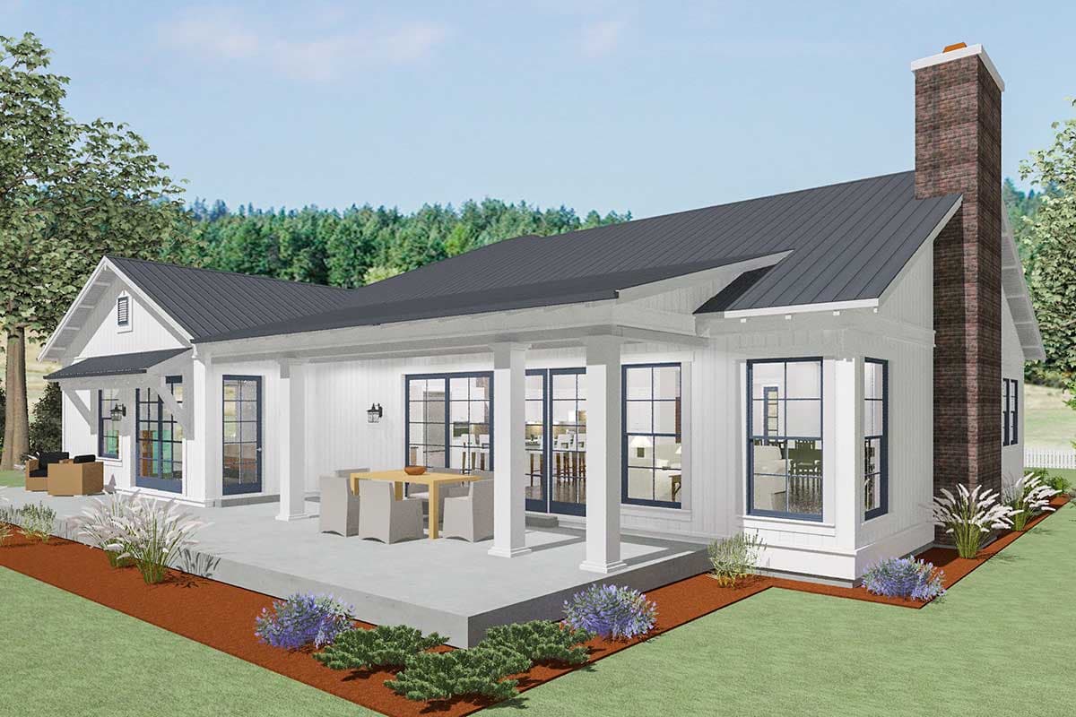 House plan exterior: Modern Farmhouse style, single story, with metal roof, large porch, and brick chimney.