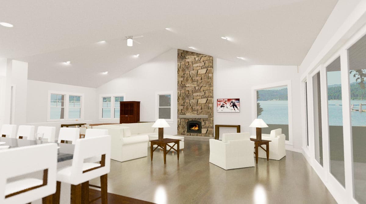 Interior rendering of a great room with vaulted ceiling, stone fireplace, large windows overlooking a lake, and seating.