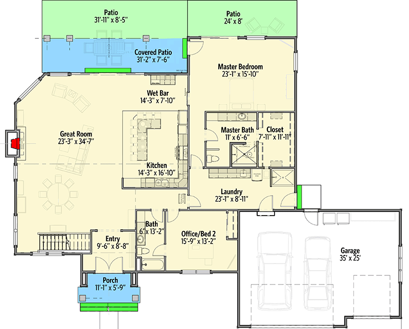 Plan 64449SC: Stylish Farmhouse Ranch House Plan - Floor Plan - Main Level - Country, Farmhouse, Ranch, Traditional