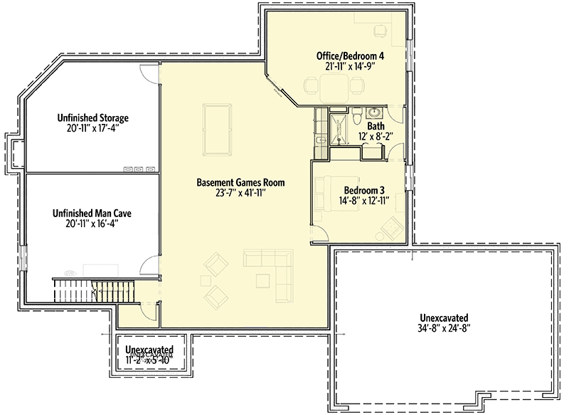 Plan 64449SC: Stylish Farmhouse Ranch House Plan - Floor Plan - Lower Level - Country, Farmhouse, Ranch, Traditional