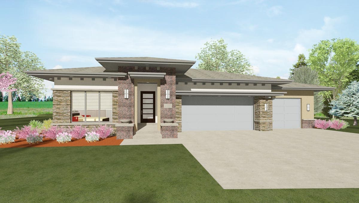House plan exterior: Modern single-story home with stone accents, flat rooflines, covered entry with glass door, and a triple-car garage.
