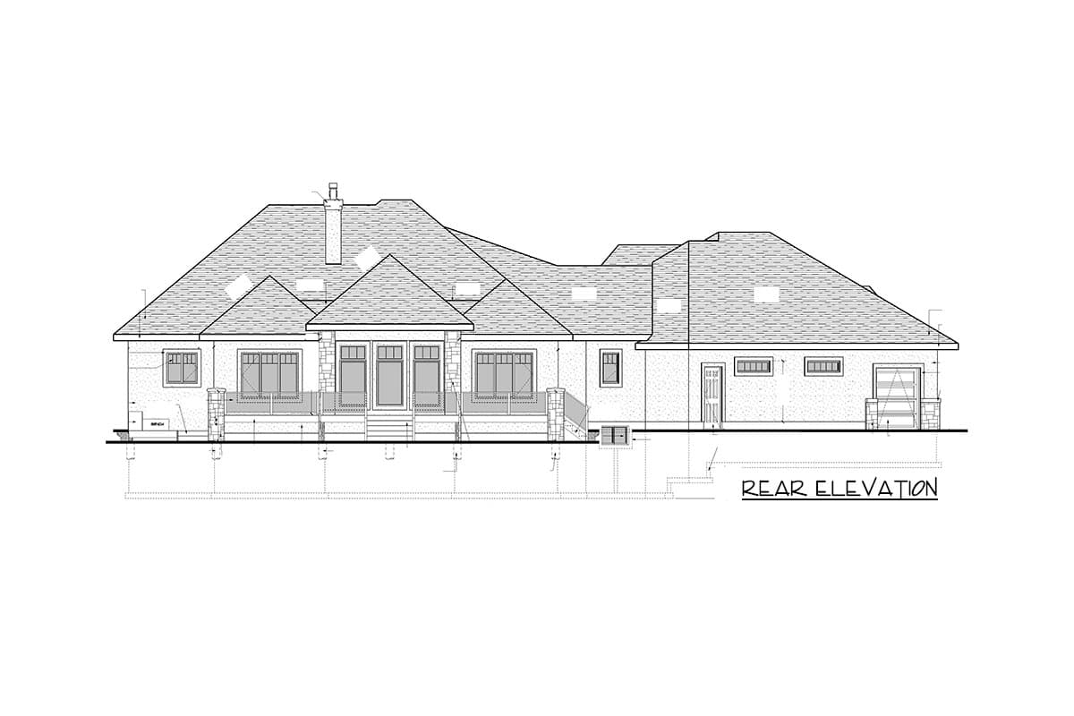 Rear elevation drawing of a house plan showing a complex roofline, covered porch, multiple windows, door, and garage.