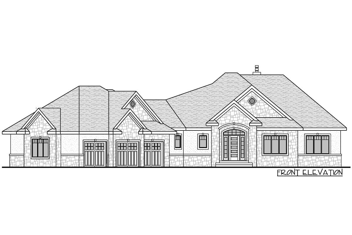 Front elevation of a one-story house plan with a stone facade, arched entryway, and four-car garage.