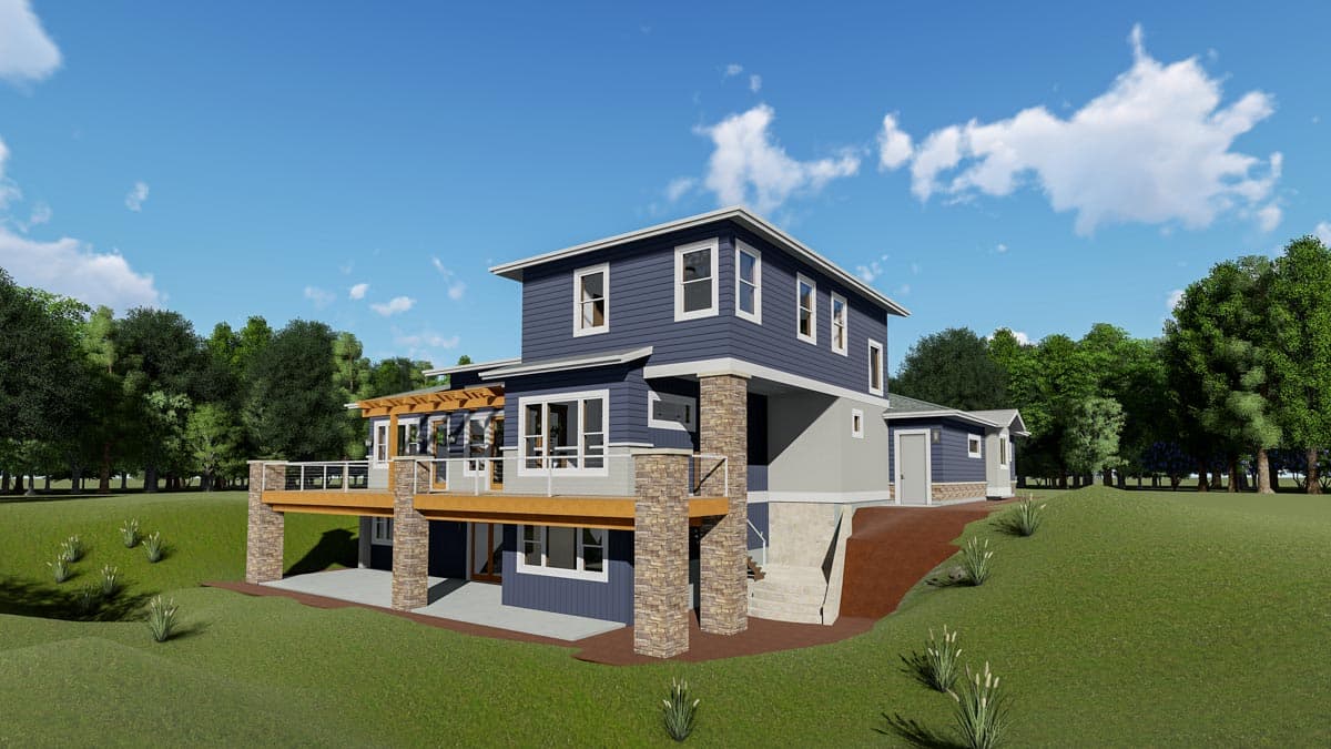 House plan exterior: two-story modern home with large deck, stone-clad columns, horizontal siding, and gabled rooflines.