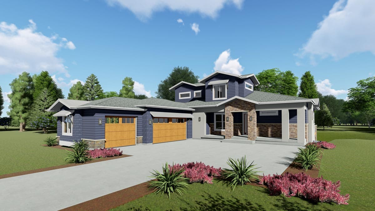 Modern house plan exterior with blue siding, stone accents, a covered entry, and a three-car garage.