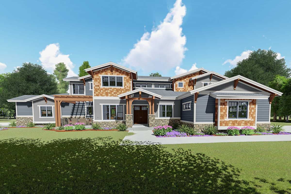 House plan exterior with Craftsman style, multiple gables, stone and shingle accents, and covered entry.