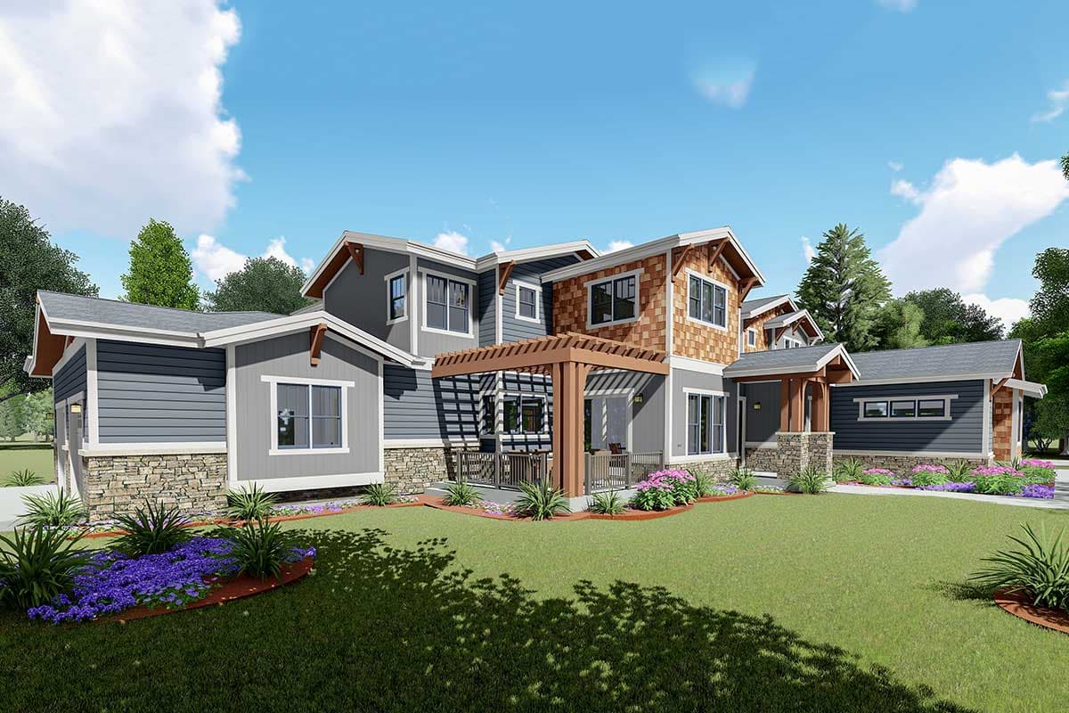 House plan exterior: Modern style two-story home with stone base, wood siding, multiple gables, and a covered pergola.