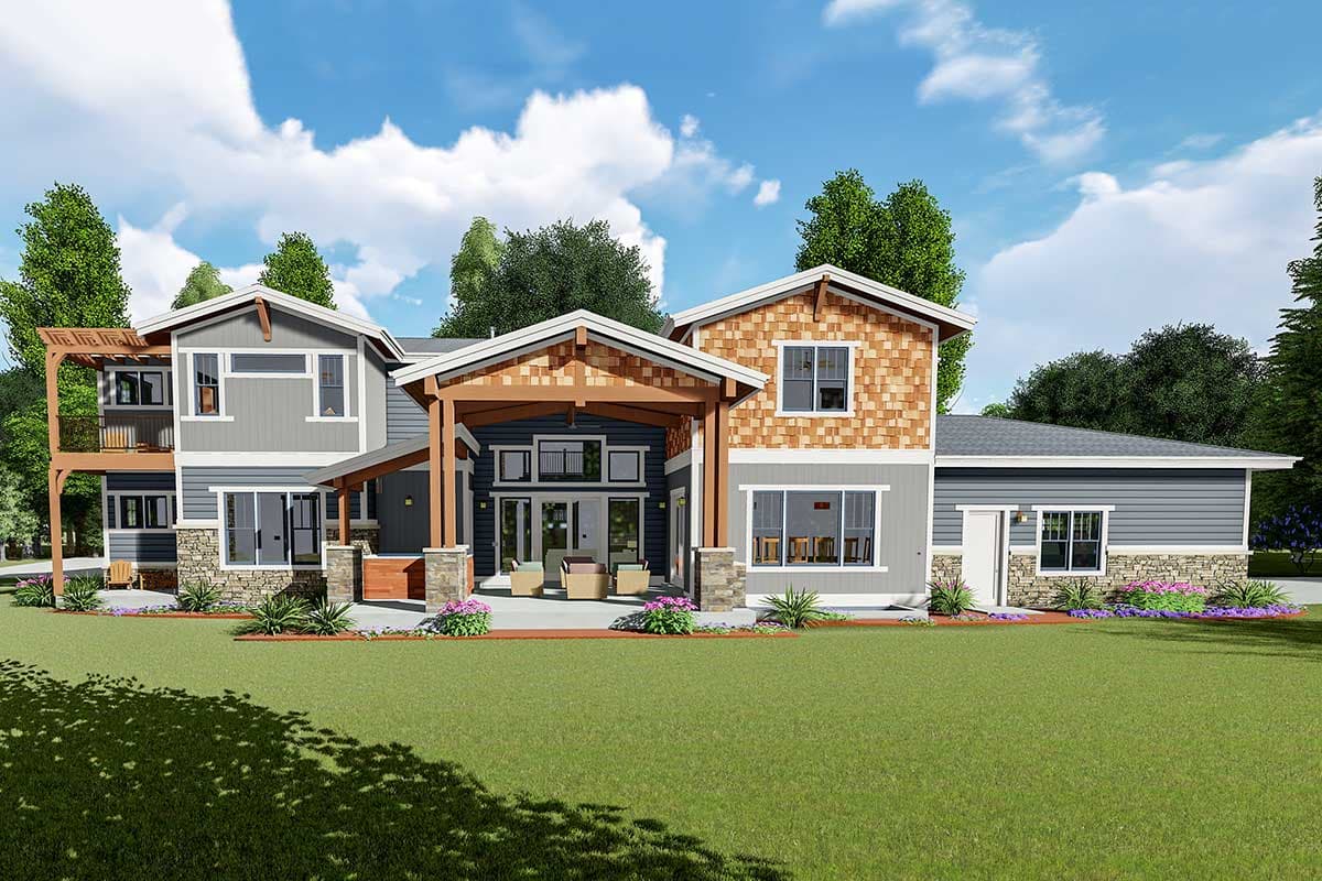 House plan exterior: Two-story Modern Farmhouse with covered patio, deck, and stone accents.