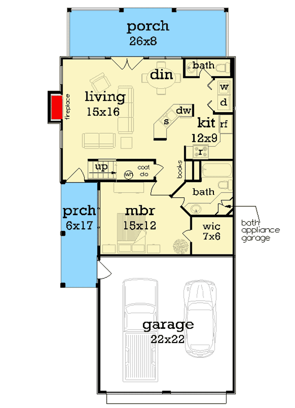 Plan 55193BR: Cozy Cottage with Balcony Bedroom - Floor Plan - Main Level - Cottage, Country, Southern