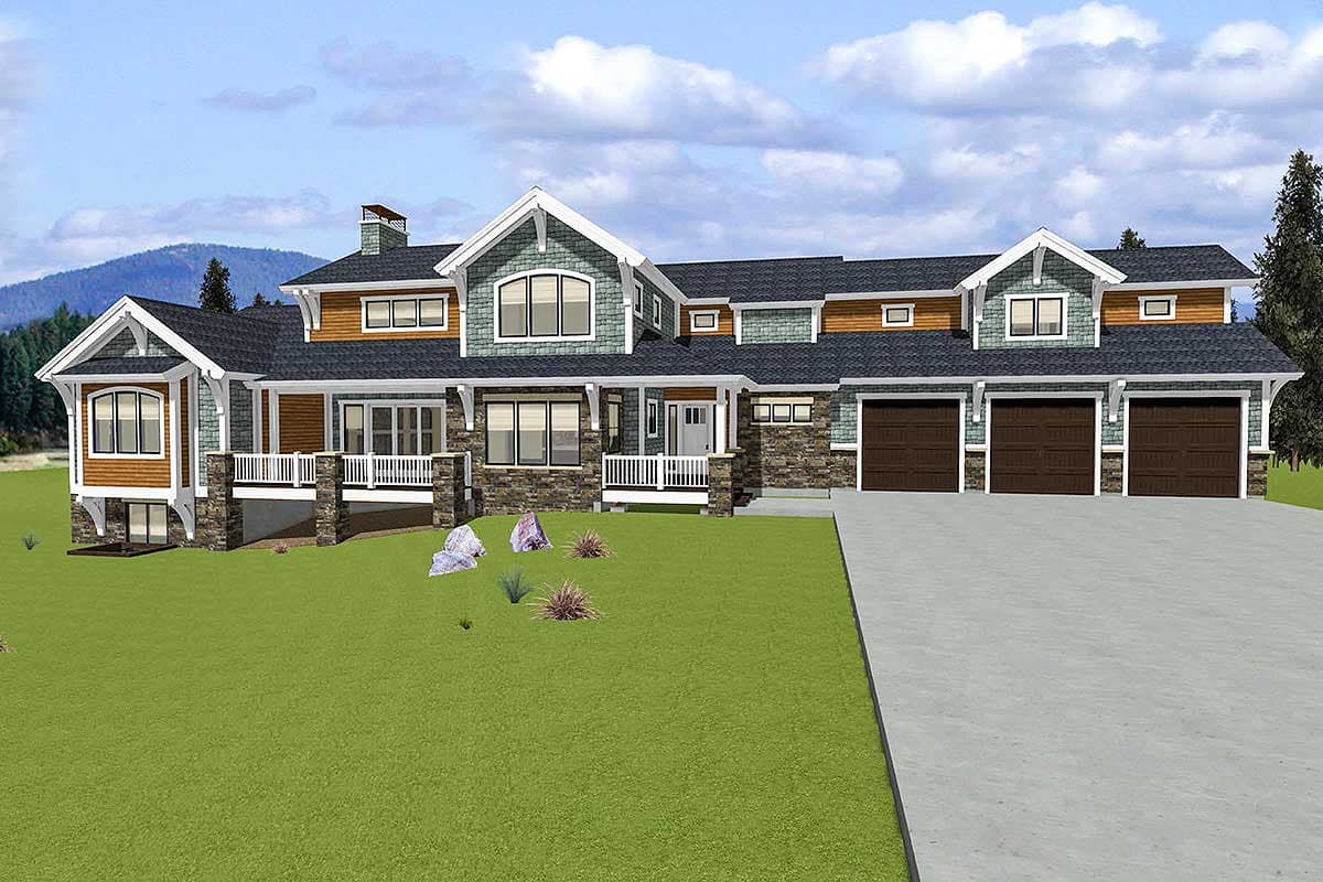 House plan exterior with Craftsman style, multiple gables, a front porch, and a three-car garage. Two-story structure with stone accents.