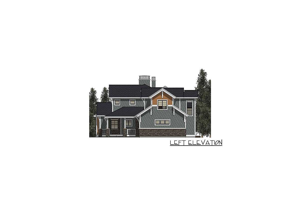 House plan left elevation of a two-story home with a covered front porch, multiple gables, and stone foundation.