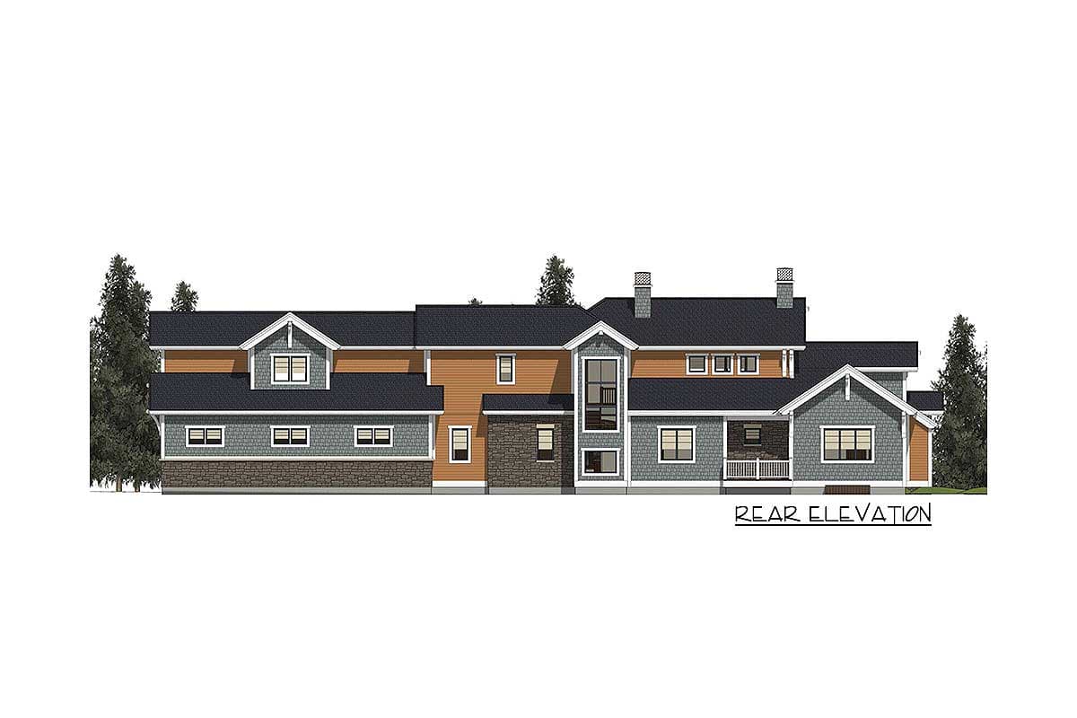 Rear elevation of a house plan featuring mixed siding, stone base, multiple gables, dormers, and chimneys.