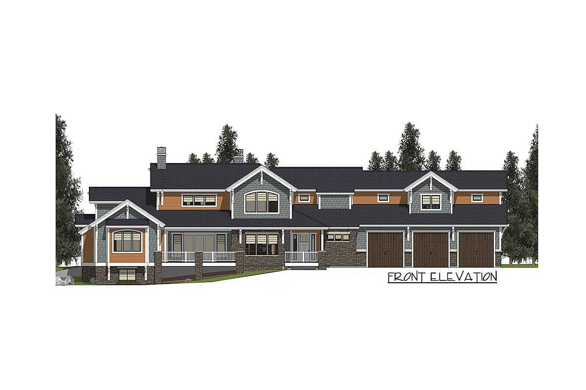 Front elevation drawing of a large house plan with a covered porch, multiple gables, and a three-car garage.