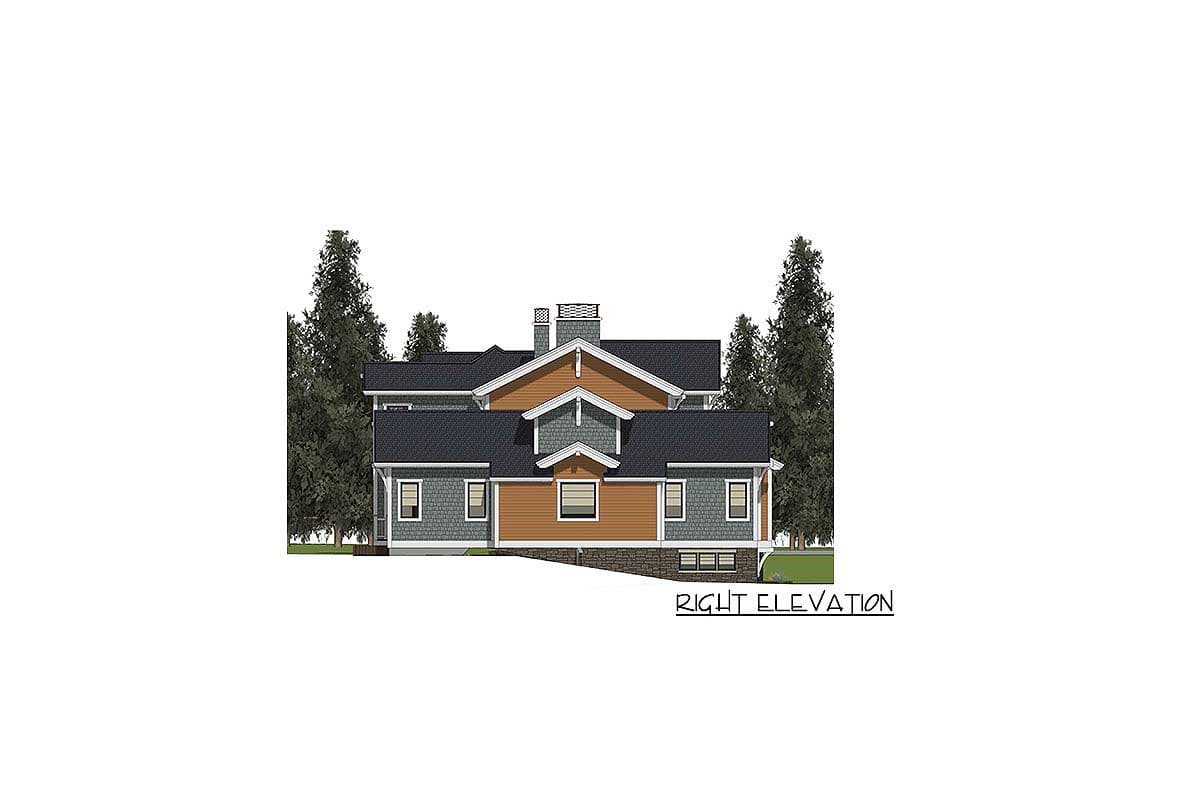 House plan right elevation drawing showing a multi-story home with gables, dormers, and a prominent chimney.