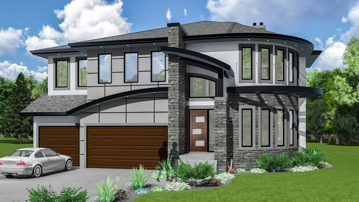 House plan exterior: Two-story modern home with stone accents, a curved entryway, and a three-car garage.