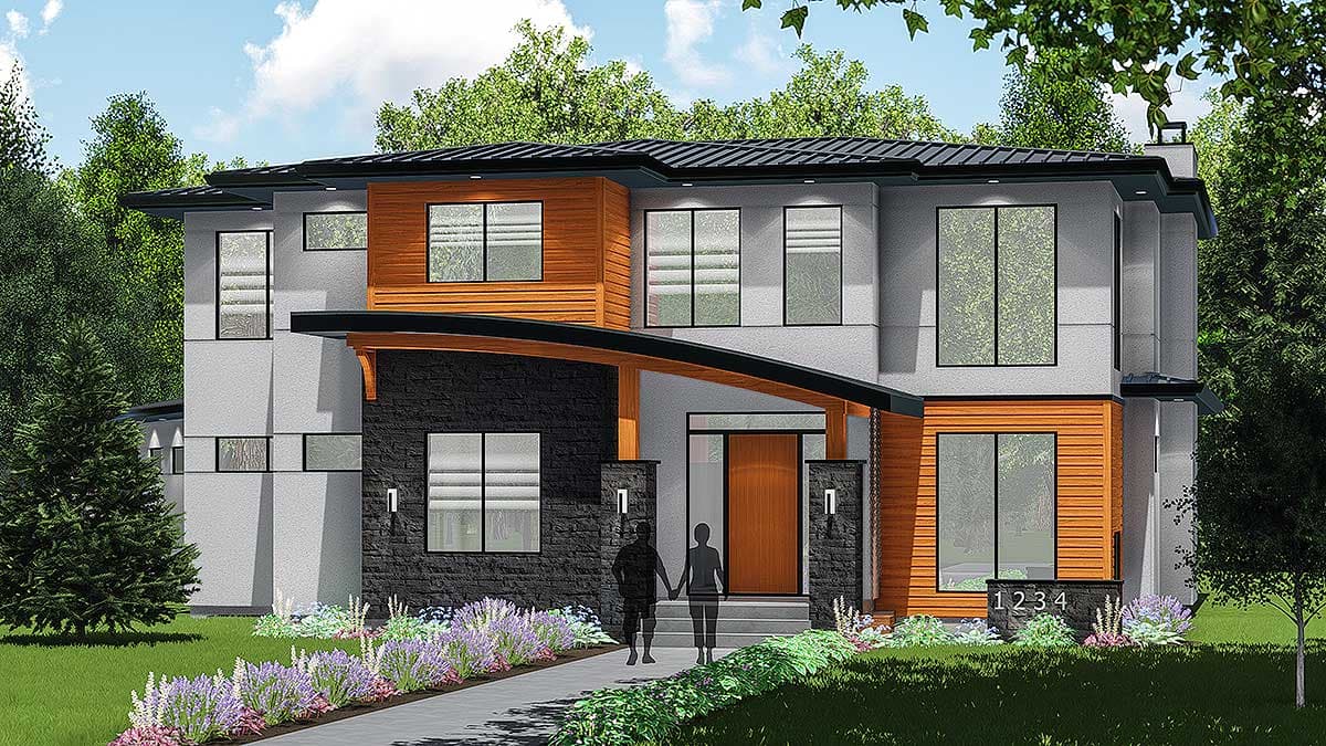 Modern house plan exterior with two stories, flat roof, and a covered entry. Features wood siding accents and large windows.