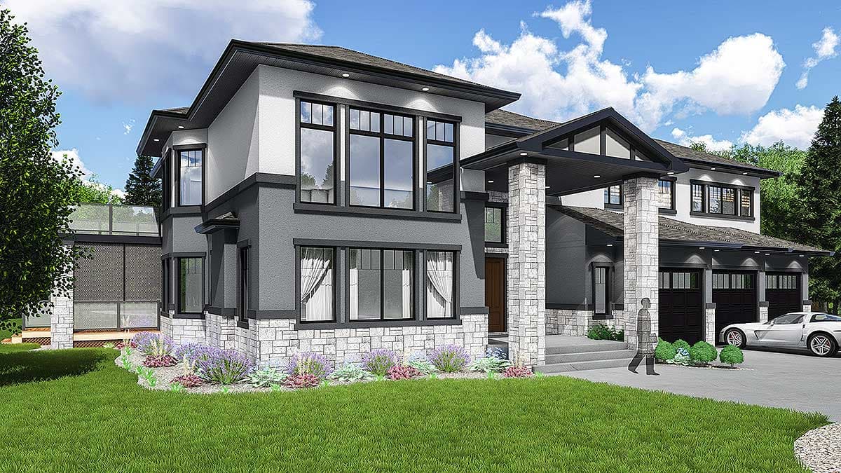House plan exterior. Two-story Modern house with stone accents, a covered entry porch, and a three-car garage with a flat roofline.
