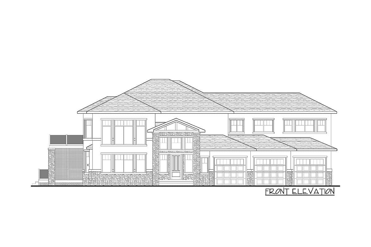 Front elevation drawing of a two-story house plan with a prominent gabled entry, multiple windows, and a four-car garage.