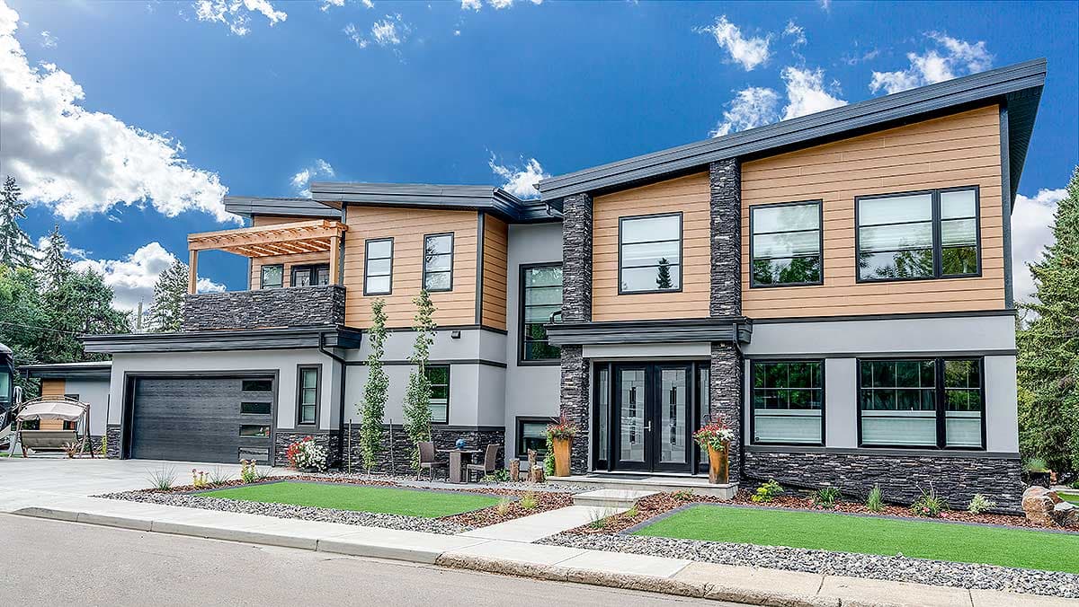 Modern house plan exterior with stacked stone, wood siding, multi-level rooflines, and a two-car garage.