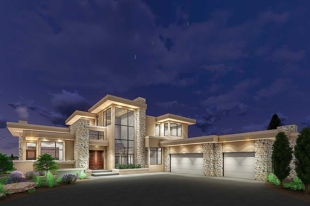 Modern house plan exterior with stacked stone accents, large windows, double entry doors, and a three-car garage.