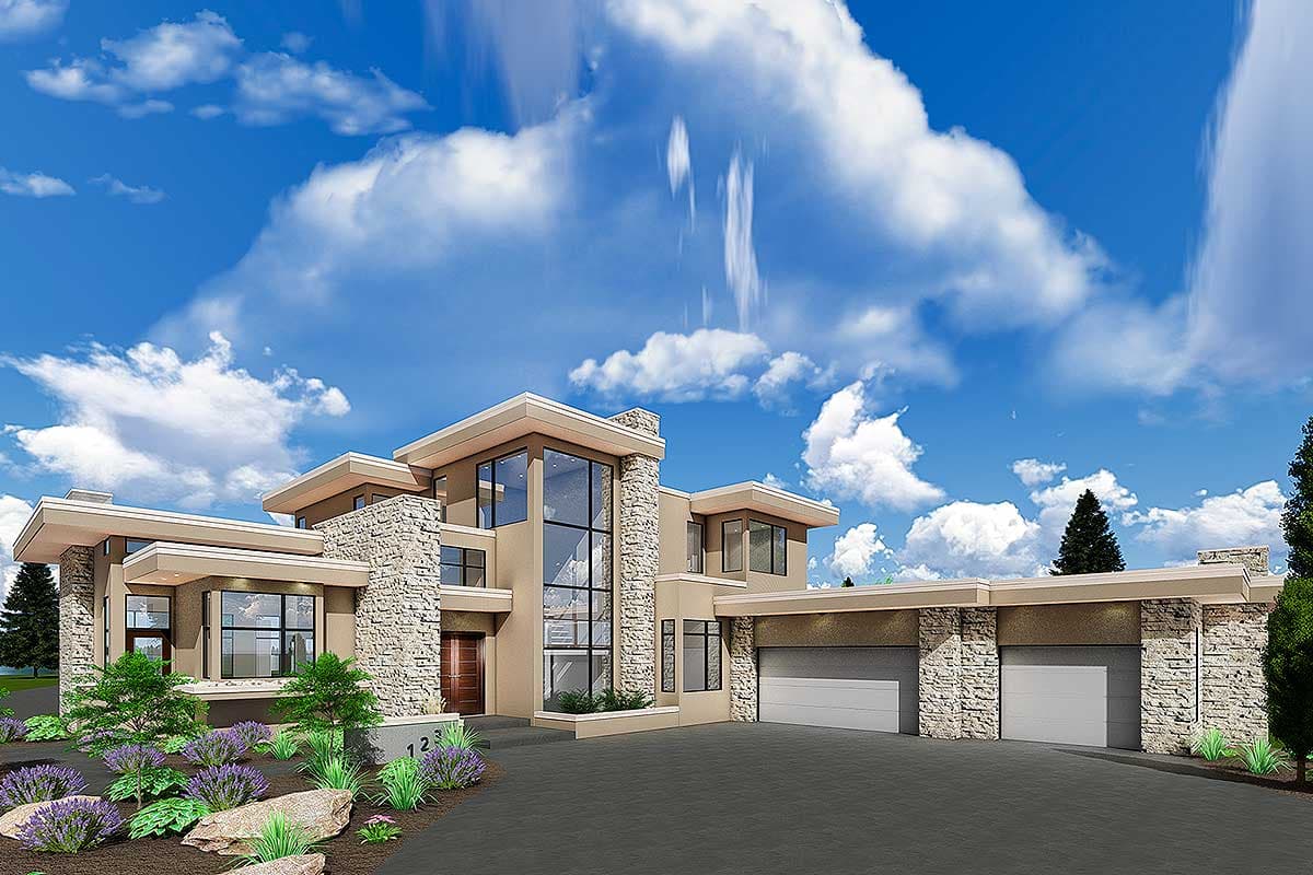 Modern house plan exterior with a two-car garage, stone accents, flat rooflines, and expansive windows.