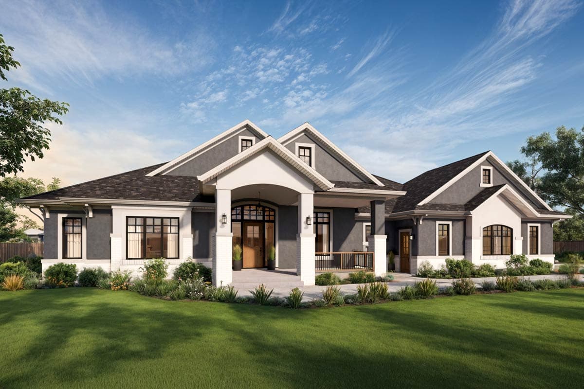 House plan exterior. Ranch style with a covered porch, multiple gables, and dormers. Features dark roof and a landscaped yard.