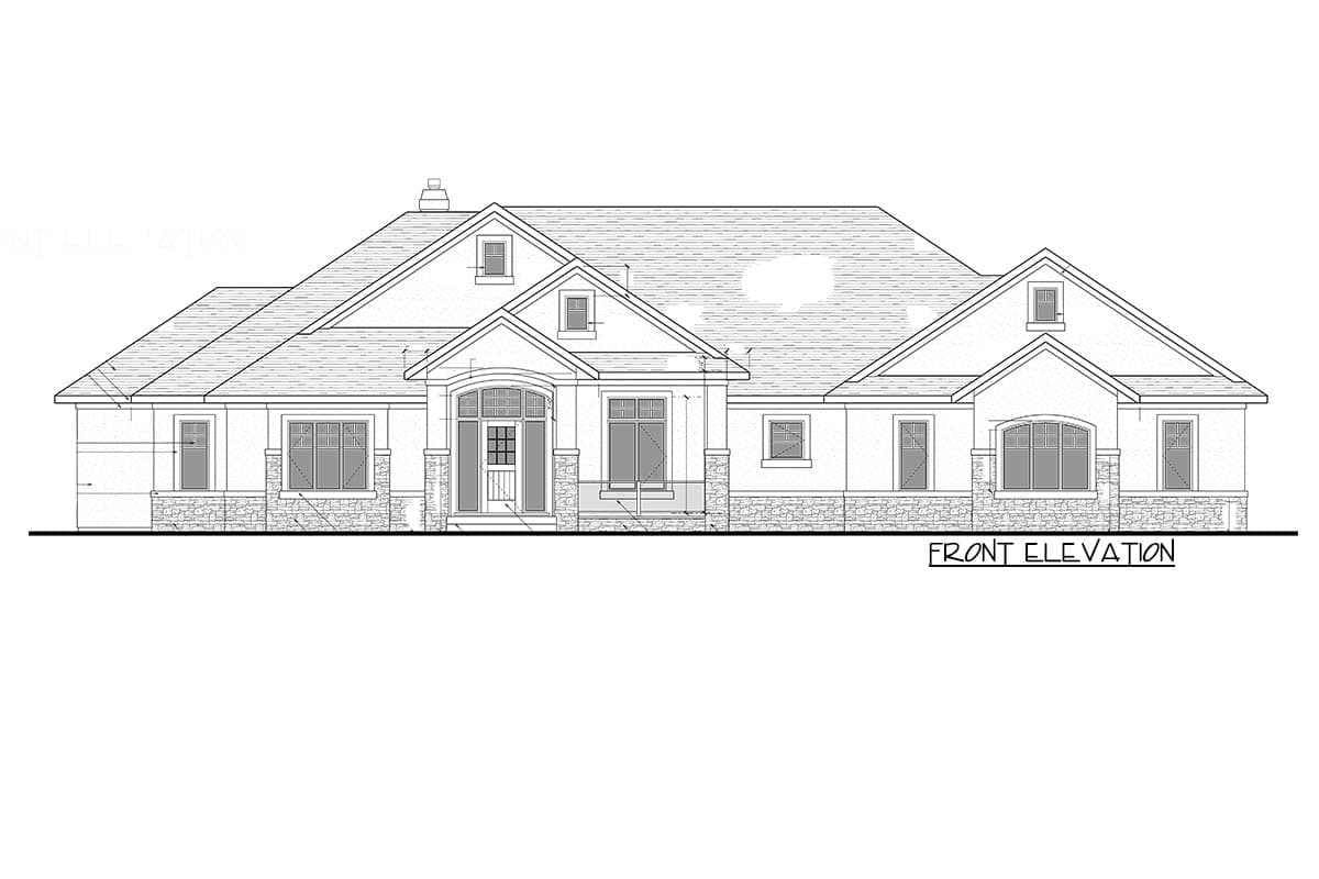 Front elevation drawing of a one-story house with stone accents, a covered entry porch, and multiple gables.