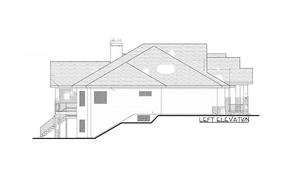 Left elevation drawing of a house plan featuring a pitched roof, chimney, porch, and stone pillars.