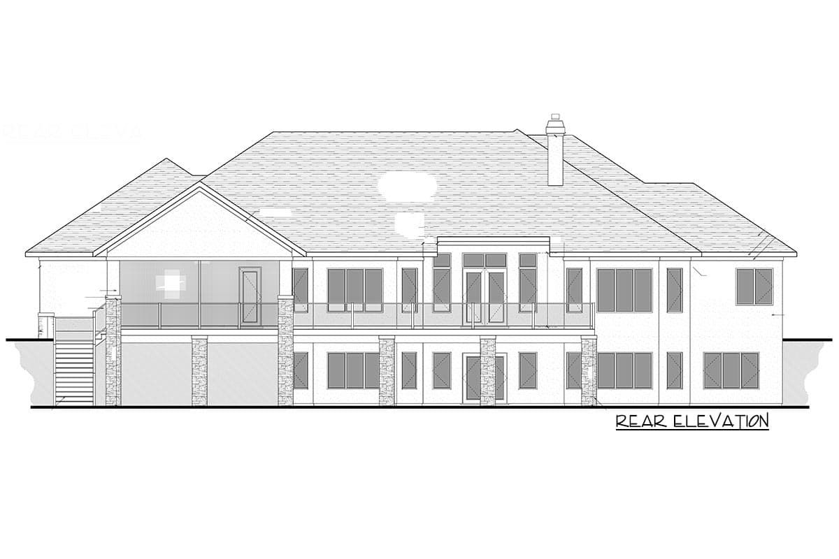 Rear elevation floor plan drawing shows a two-story house with a screened porch, large windows, and stone-clad columns.