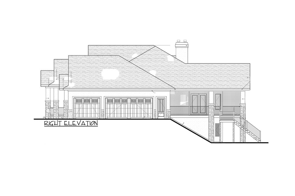 Right elevation house plan with three-car garage, covered porch with stone columns, and complex roofline.
