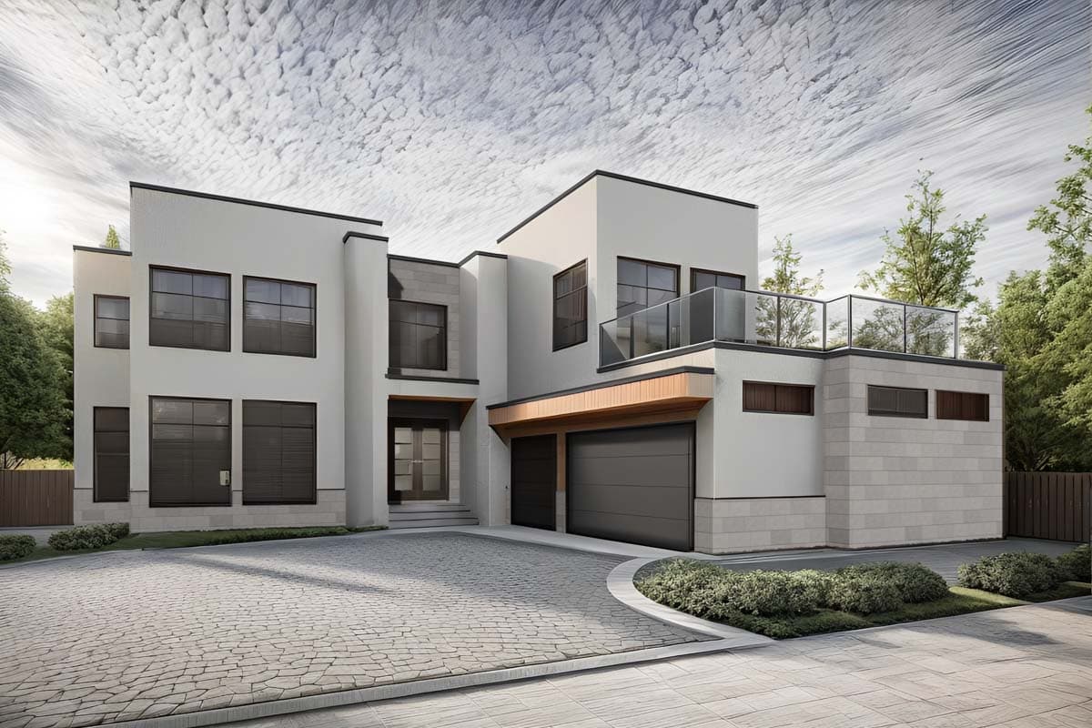 House plan exterior. Modern style, two stories. Features include flat roof, attached garage, glass balcony, and stone accents.