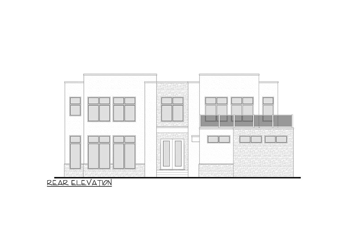 Rear elevation drawing of a modern house plan with multiple levels, a balcony, and stone accents.
