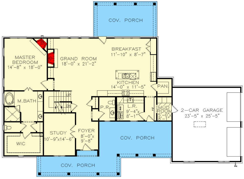 Plan 25634GE: Exciting Farmhouse with Wrap-Around Porch - 2708 Sq Ft - Floor Plan - Main Level - Cottage, Country, Farmhouse