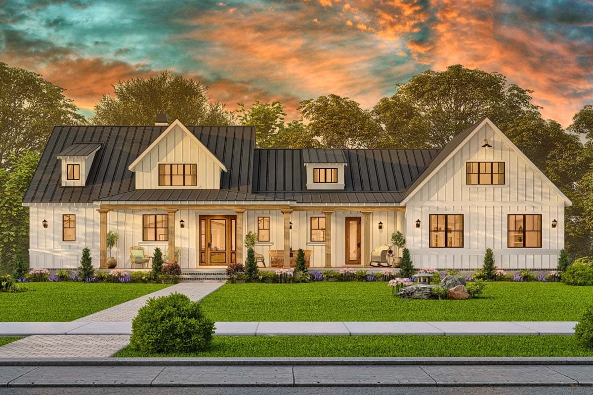 House plan exterior. Modern Farmhouse, one-story. Features include a front porch, gables, and a standing seam metal roof.