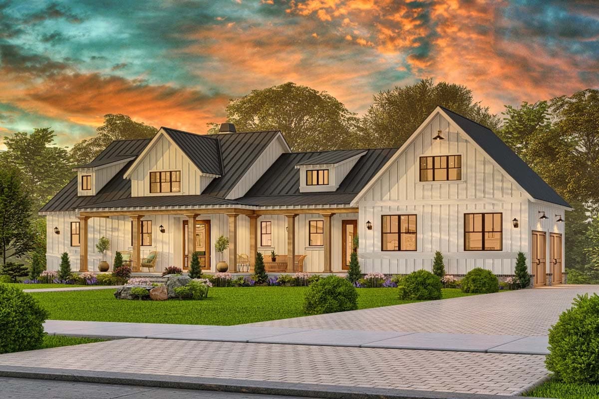 Modern Farmhouse house plan exterior with wraparound porch, metal roof, board and batten siding, dormers, and a three-car garage.