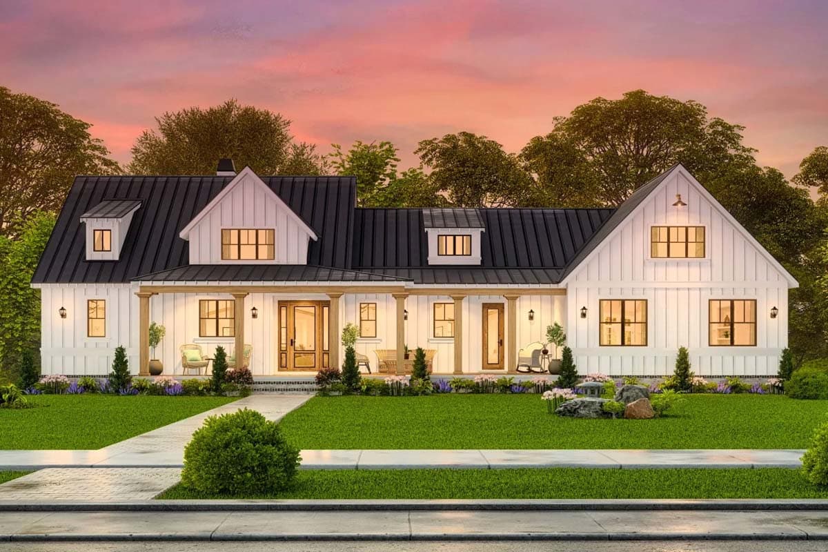 Modern Farmhouse house plan exterior with a covered front porch, gables, and dormers.
