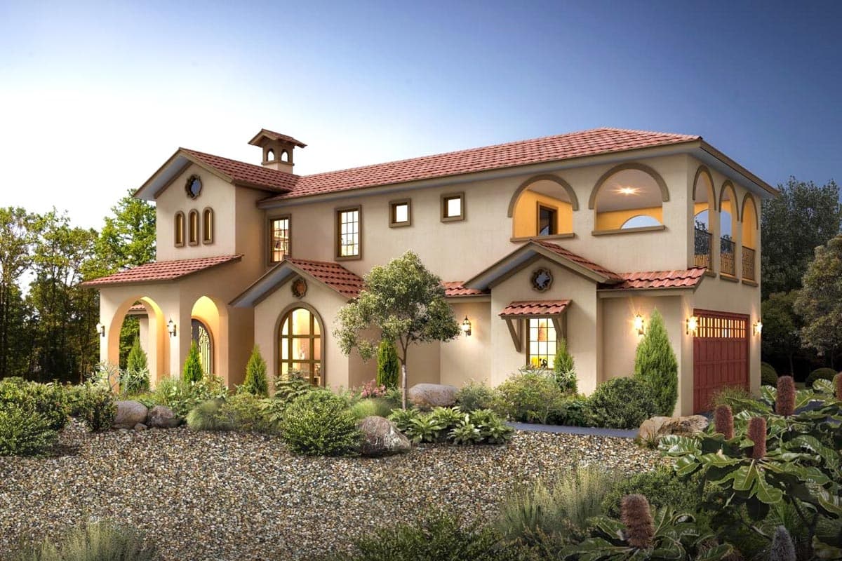 House plan exterior. Two-story Mediterranean-style home with arched entries, multiple gables, and a tile roof. Includes a garage and small balcony.