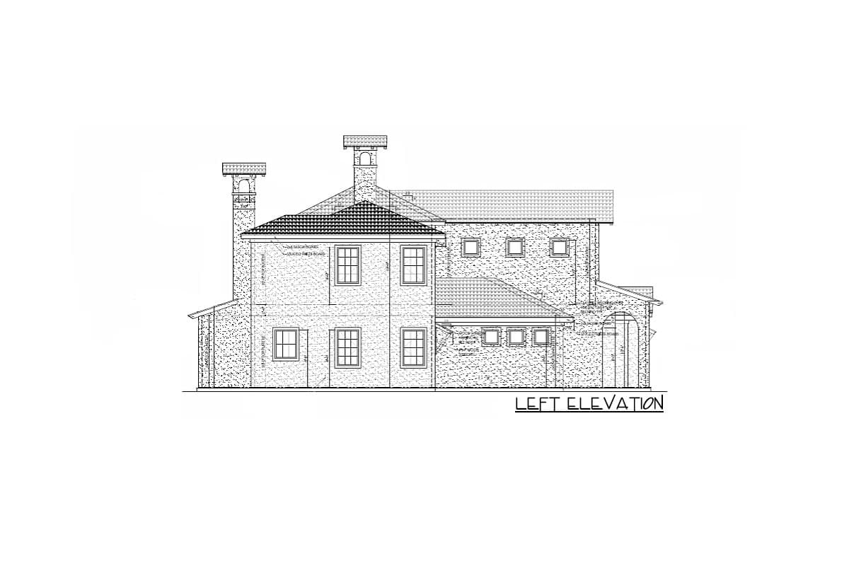 Left elevation house plan drawing showing a two-story brick structure with gabled rooflines and twin chimneys.