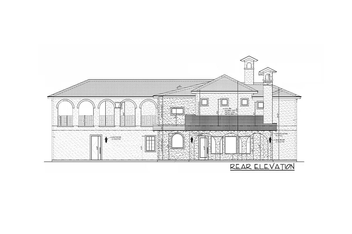 Rear elevation drawing of a two-story house plan featuring arched balconies, multiple windows, and a tile roof.