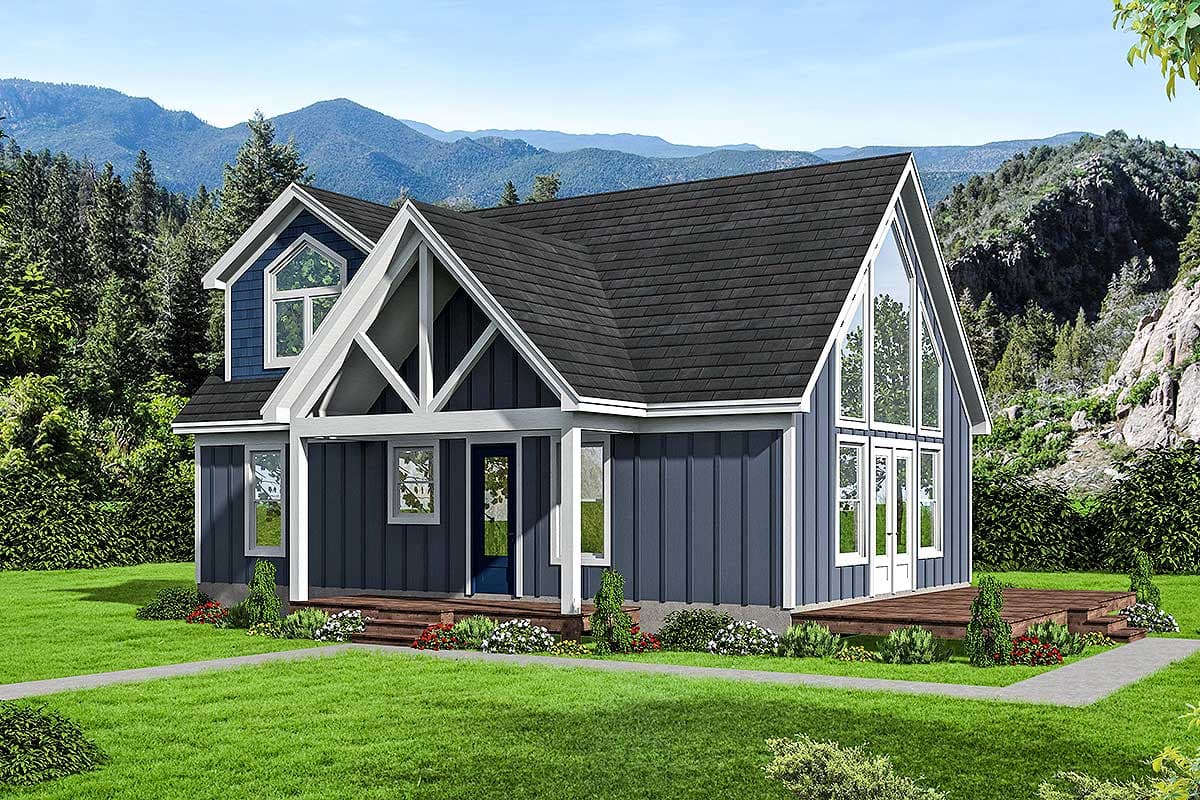 House plan exterior. Two-story home with Craftsman style. Features include gables, large windows, and a front porch.