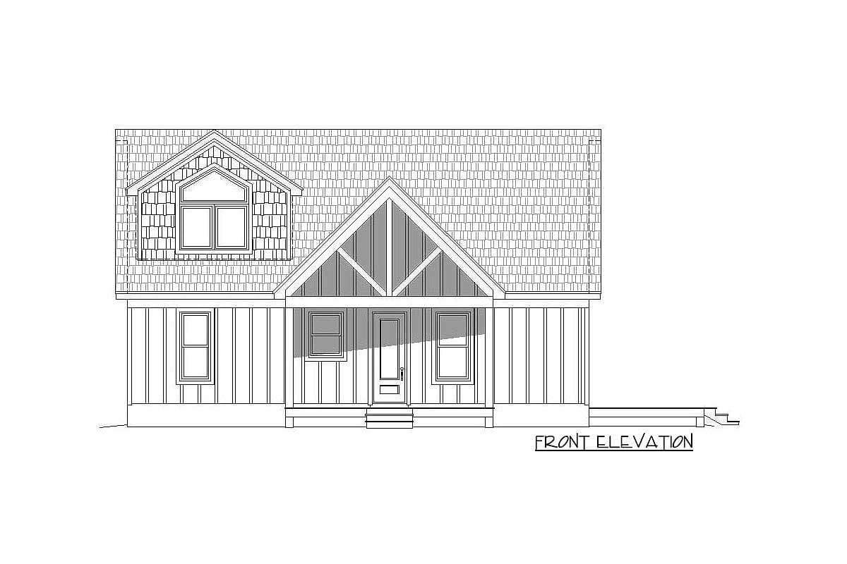 Front elevation house plan with a prominent gable roof, dormer window, and covered front porch.