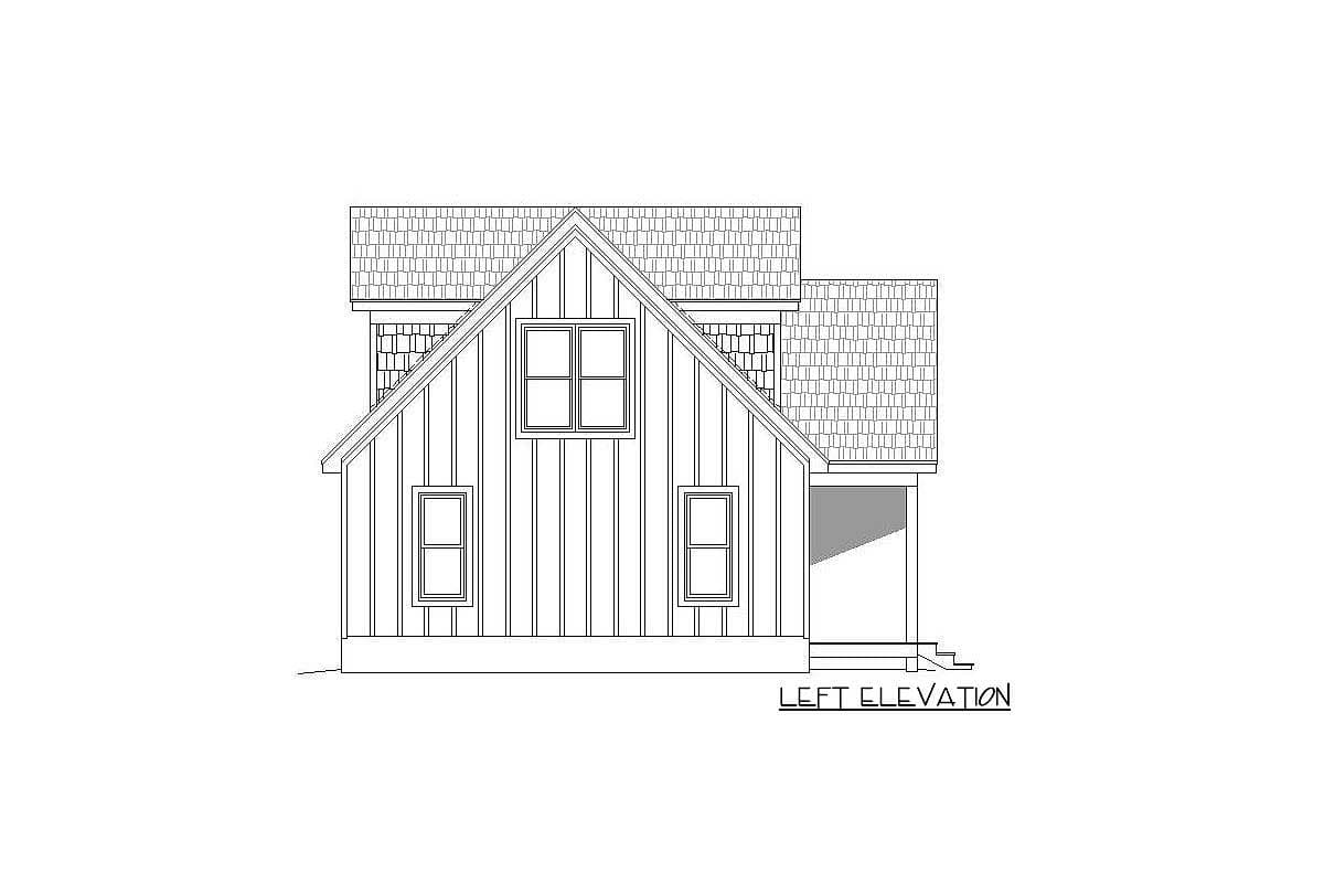 Left elevation drawing of a house plan with vertical siding, gable roof, and dormer.