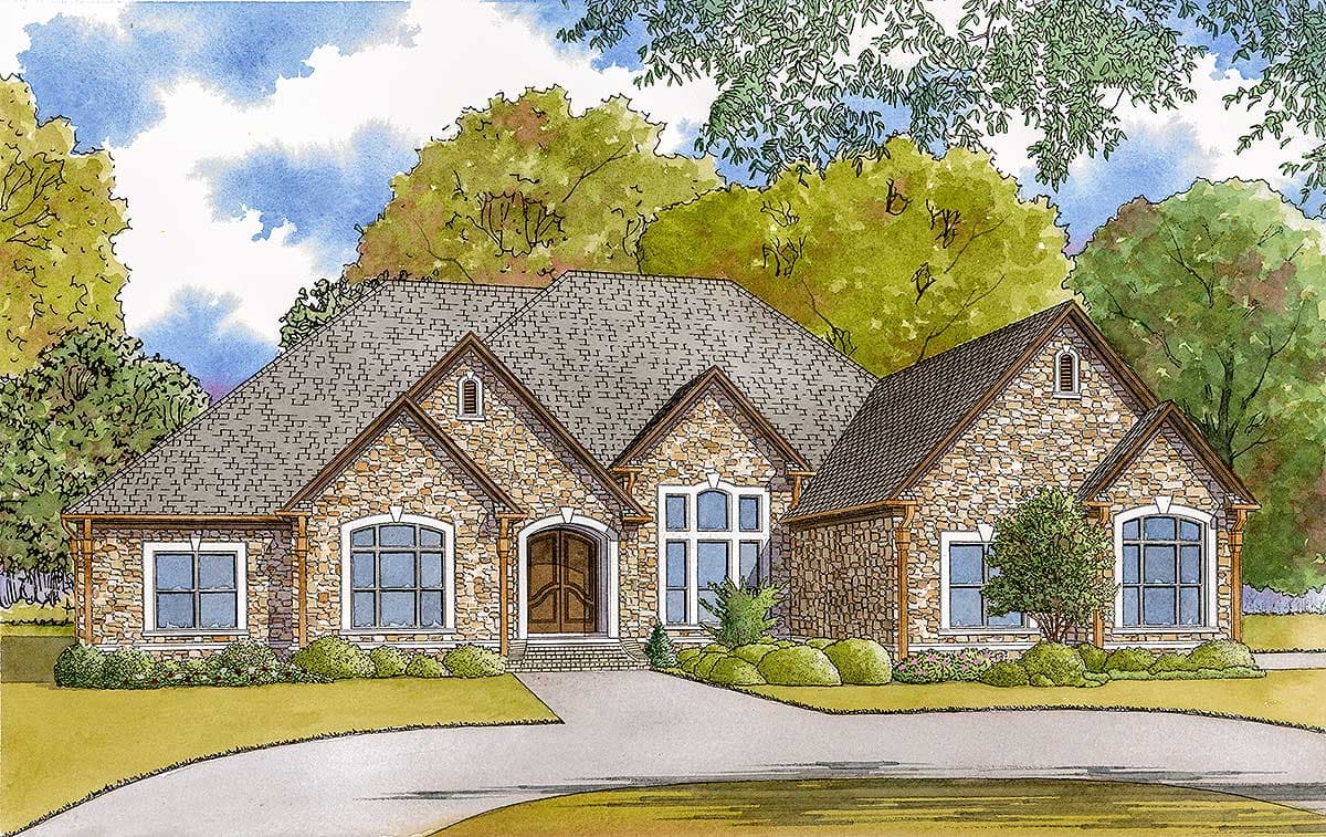 House plan exterior: Single-story stone residence with multiple gables, arched dormer, and prominent double entry doors.