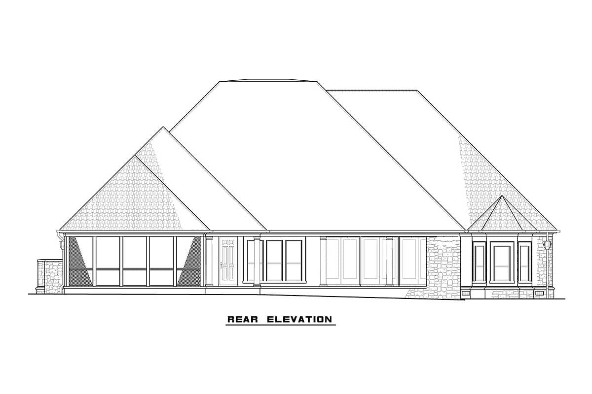 Rear elevation drawing of a house plan showing gabled rooflines, stone accents, covered porch with columns, and large windows.