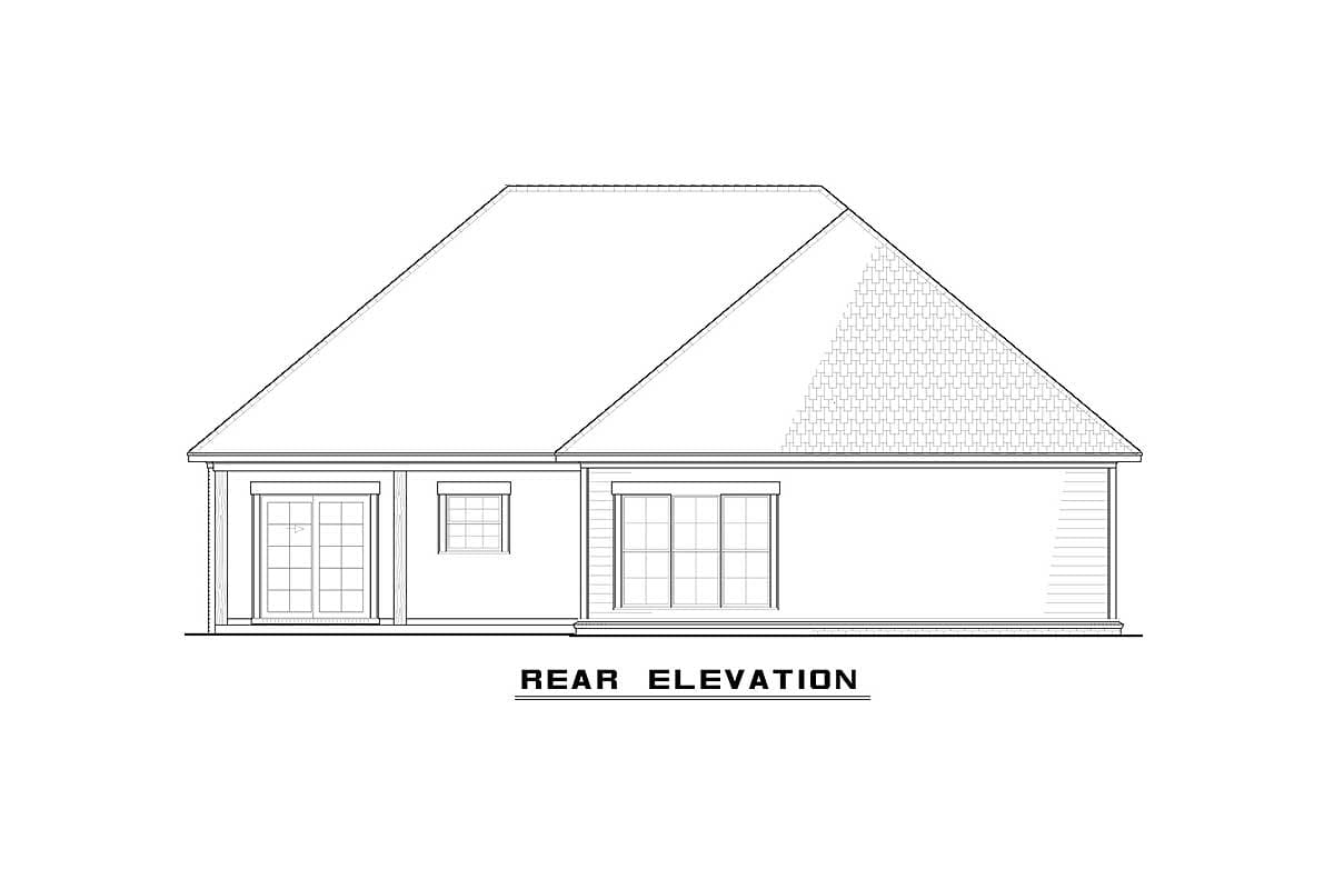 Rear elevation drawing of a house plan with double doors, a single window, and sliding glass doors.