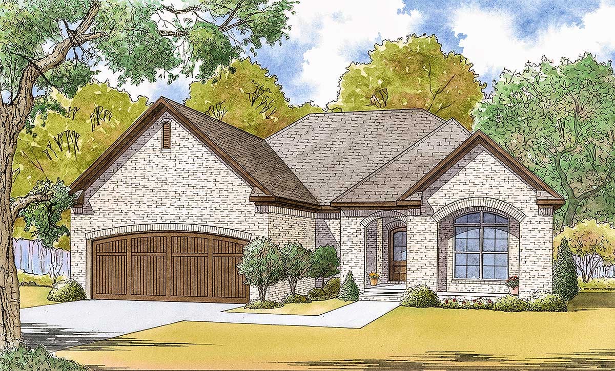 House plan exterior with brick facade, gable roof, and arched window. Features include a front-entry porch and attached garage.
