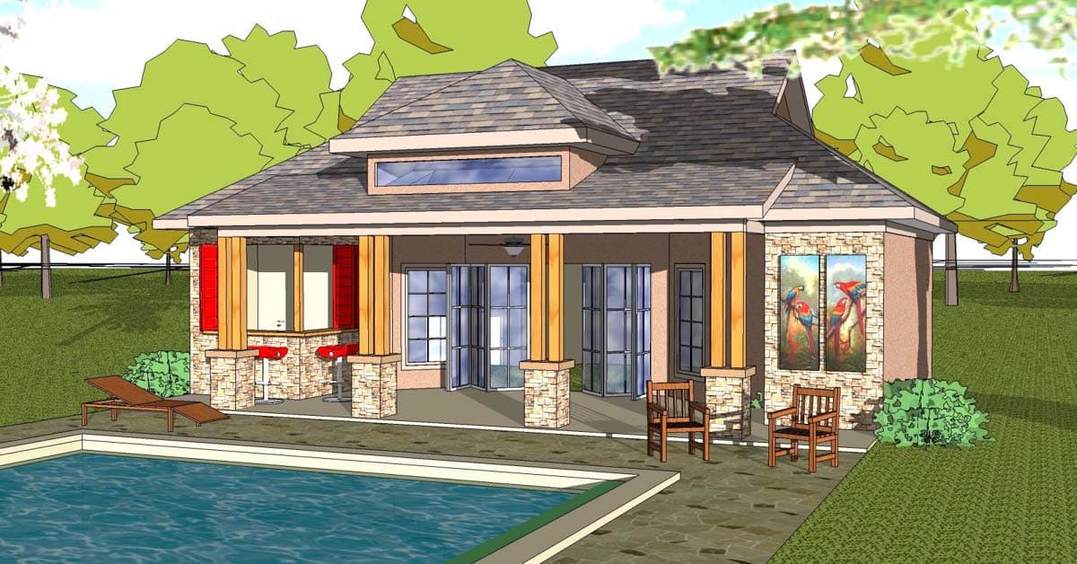 House plan exterior with a gabled roof, stone columns, and large windows. Includes an outdoor kitchen and a swimming pool.